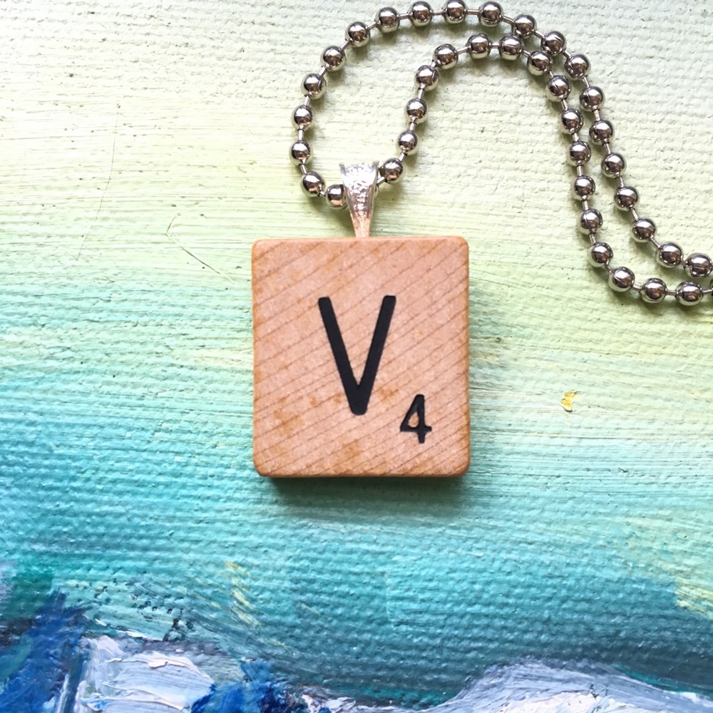 1953 “V” Scrabble® Tile Initial Pendant Necklace